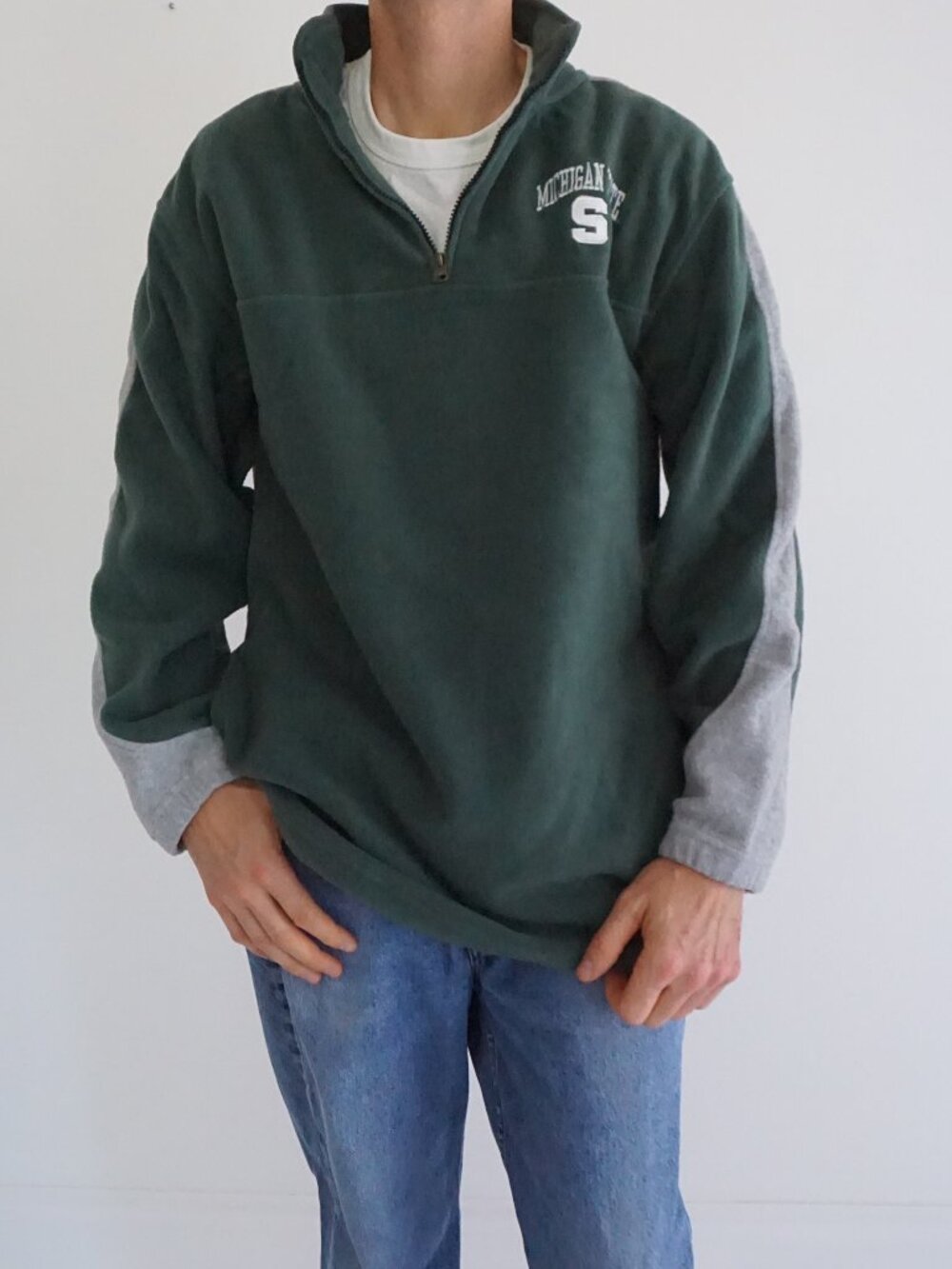 Vintage NCAA Michigan State Green Grey Spellout Varsity Quarter Zip Sweatshirt M